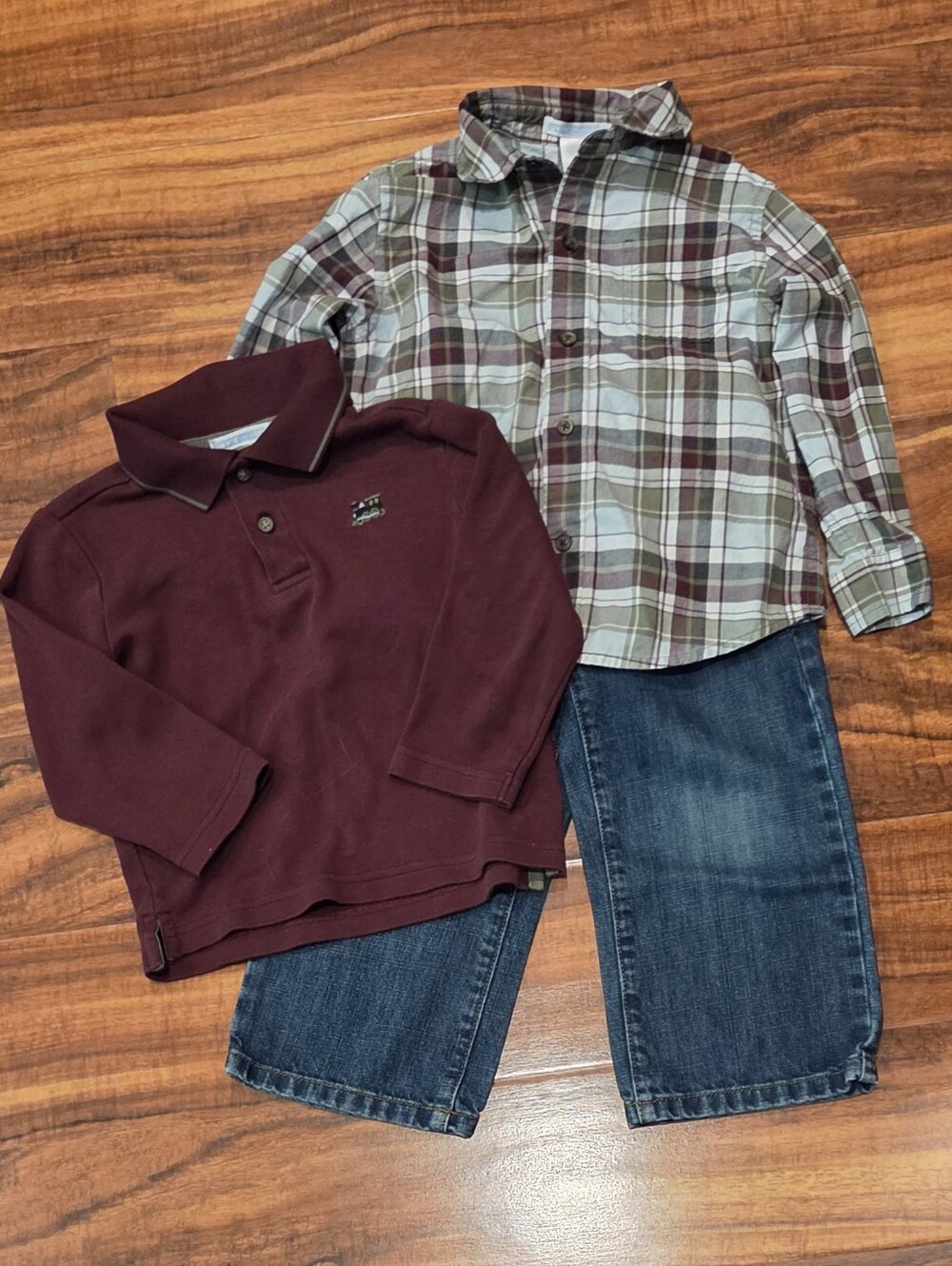 Janie and Jack EUC 2T Burgundy Train Polo, Plaid Button Down Shirt & Jeans